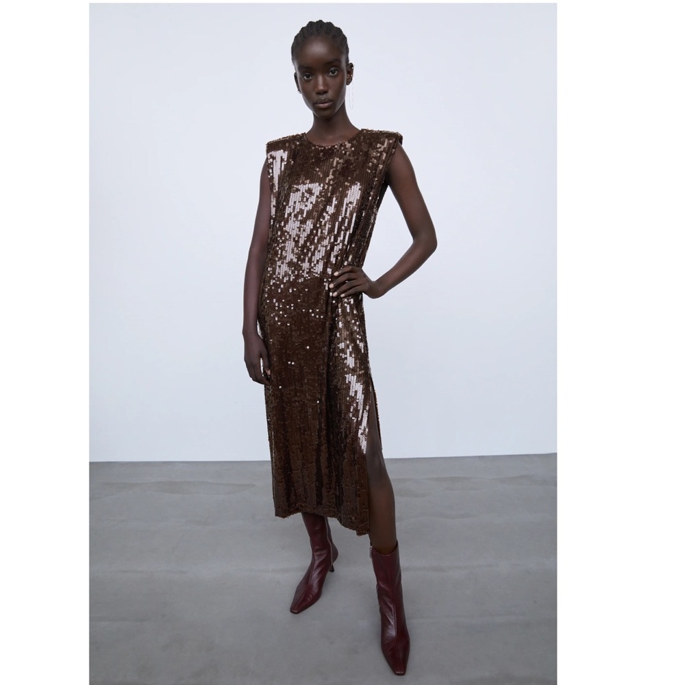 NWT ZARA STRAIGHT CUT SEQUIN DARK BROWN DRESS SLIT